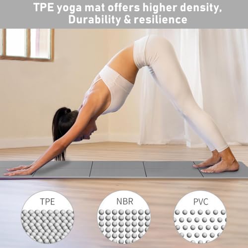 HASTHIP® Portable Folding Yoga Mat with Carry Bag TPE Yoga Mat Anti-slip 5mm Thicken Fitness Yoga Mat for Men Women Pilates Mat for Home Workout, Gym, Travel, 72x24 inches, Grey