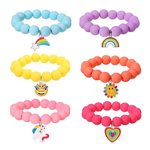 HASTHIP® 6 Pack Beads Bracelet for Girls, Cartoon Charm Best Friend Bracelet for Kids, Cute Candy Color Pendant Bracelets Set Gift