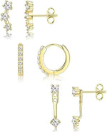 HASTHIP® Pendientes de Oro para Mujer,Juego de 3 Pares Aretes Zirconia,Mini Aros y Barras Hipoalergénicos Elegantes y Versátiles con Acabado Dorado Regalo Ideal