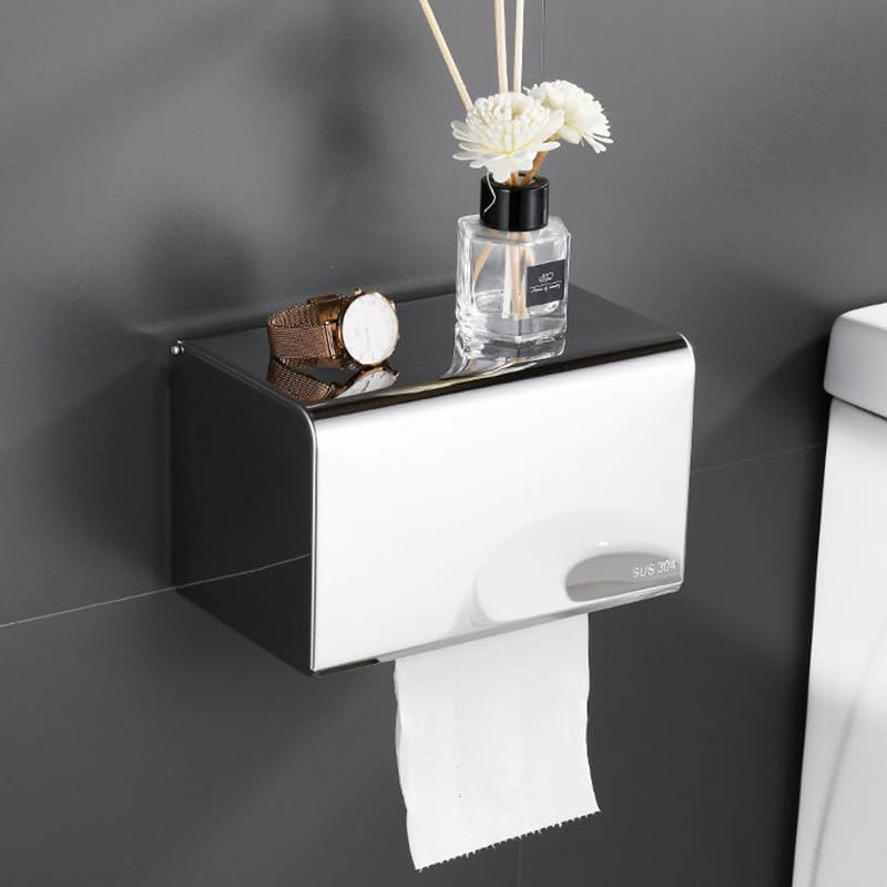 HASTHIP® Toilet Paper Holder, Stainless Steel Tissue Paper Box, with Top Storage Shelf, Waterproof Wall Mounted Wall Toilet Paper Roll Holder with Flip Up Lid, 20x12.6x12.6cm