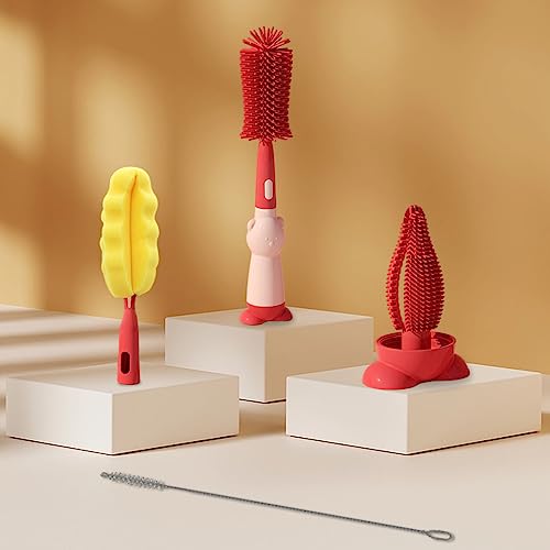 HASTHIP® 4Pcs Bottle Cleaning Brush with 2 Silicone Baby Bottle Cleaning Brushes 1 Straw Cleaning Brush 1 Sponge Water Bottle Cleaner Feeding Bottles Cleaning Brush Bottle Cup Plates Mug Glassware
