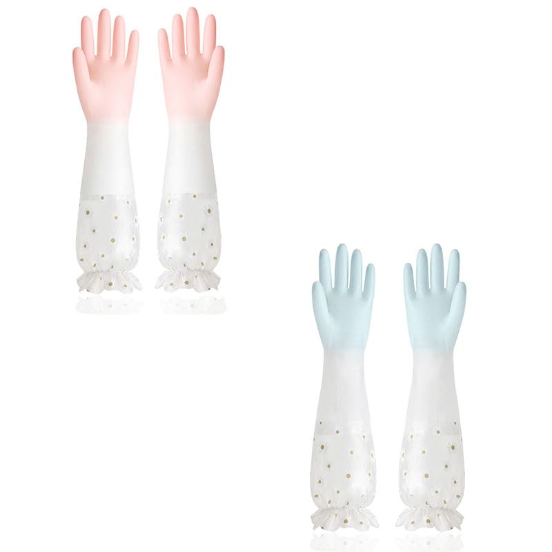 HASTHIP® 2 Pairs 19.5" Dishwashing Cleaning Gloves ,Reusable Cotton Liner Rubber Gloves Long cuff, Non-Slip Kitchen Gardening Gloves