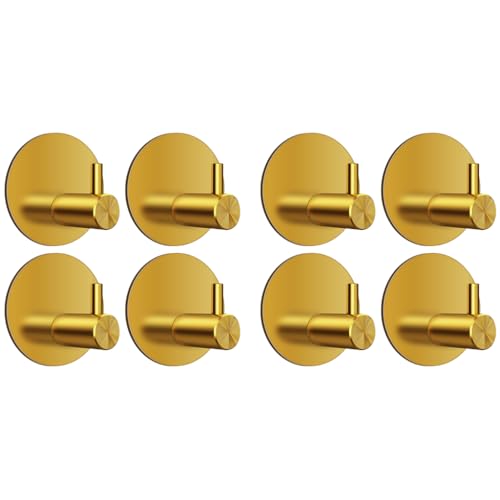 HASTHIP® 4PCS Self Adhesive Wall Hooks Golden Stainless Steel Utility 0.5 Inch Round Rust-Proof Waterproof for Bathroom Kitchen Bedroom Door Back Hanging Bags Hats Towels Keys