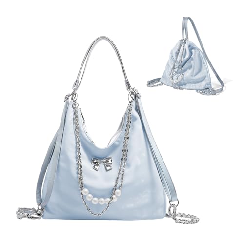 HASTHIP® Tote Bag for Women PU Hobo Bag Chic Bow Charm Chain Shoulder Bag Convertible Shoulder Bag Backpack Fashion Casual Hobo Bag, Blue