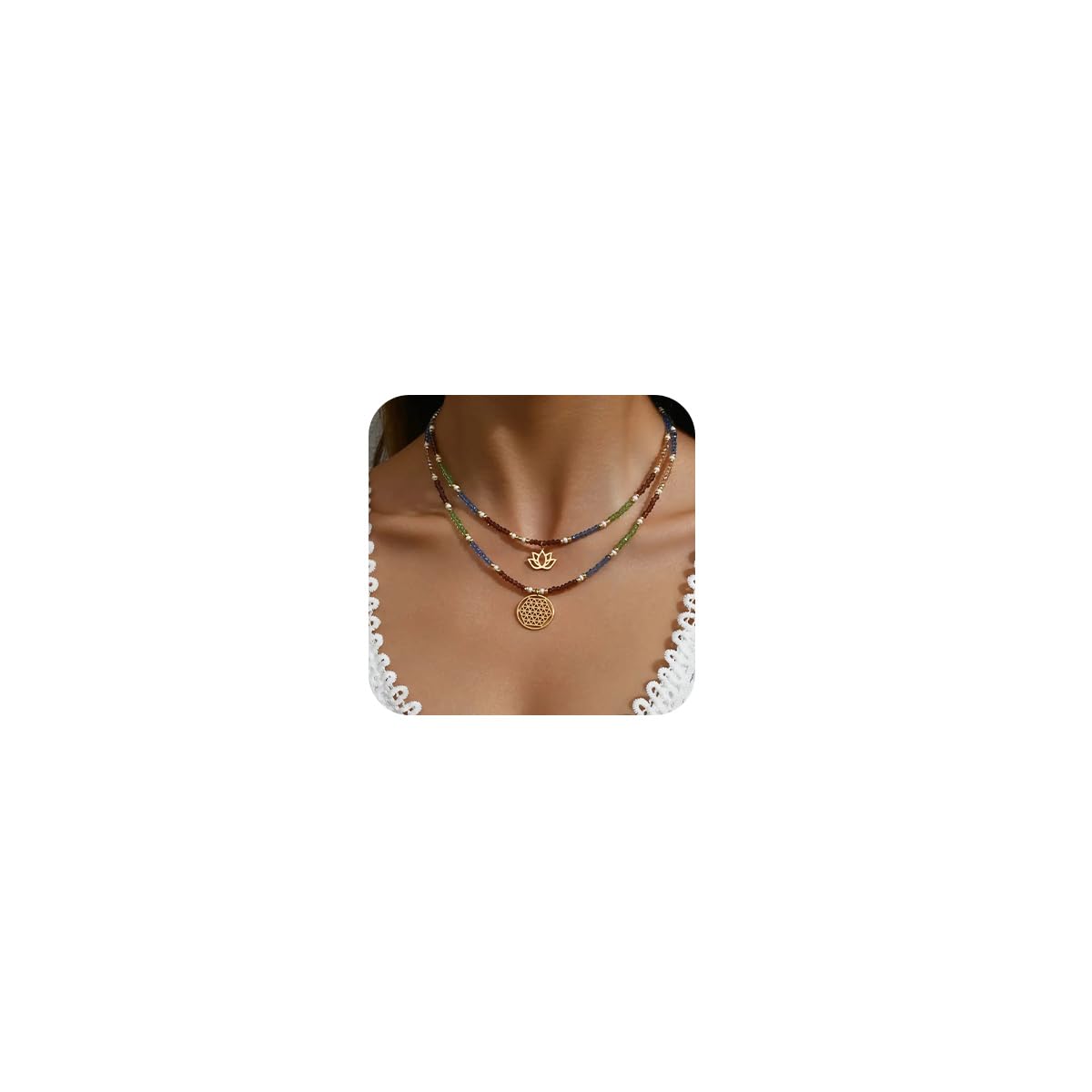 HASTHIP® 2Pcs Necklace for Woman Boho Beaded Necklaces Gold Lotus Sequin Pendant Necklace Bohemian Summer Beach Jewelry Birthday Valentine's Day Gifts for Woman Girls