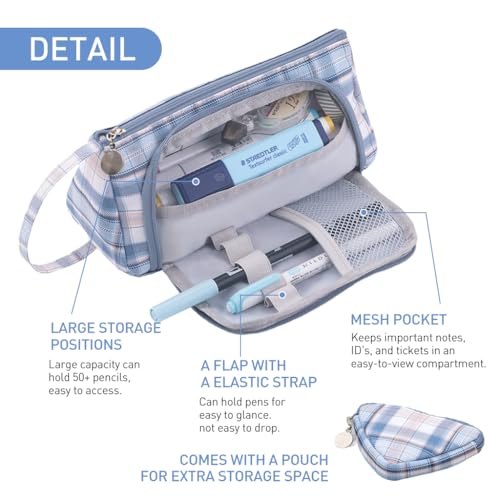 HASTHIP® VilaLuna Plaid Canvas Pencil Case for Girls, Large Capacity Organizer Pouch with Handle, Multi-Compartment School Stationery Bag for Students, Cosmetics, Travel, Office, Blue