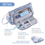 HASTHIP® VilaLuna Plaid Canvas Pencil Case for Girls, Large Capacity Organizer Pouch with Handle, Multi-Compartment School Stationery Bag for Students, Cosmetics, Travel, Office, Blue