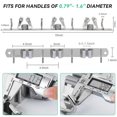 HASTHIP® Broom Holder Wall Mounted, Stainless Steel Mop and Broom Organizer with 3 Racks & 4 Hooks, Heavy Duty Wall Storage for Kitchen Bathroom Garage Garden Laundry Room