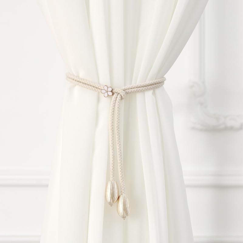 HASTHIP Curtain Tie Backs for Living Room and Bedroom featuring Sliding Floral Buckles | 4PCS Cotton Rope Holdbacks with Weighted Ends