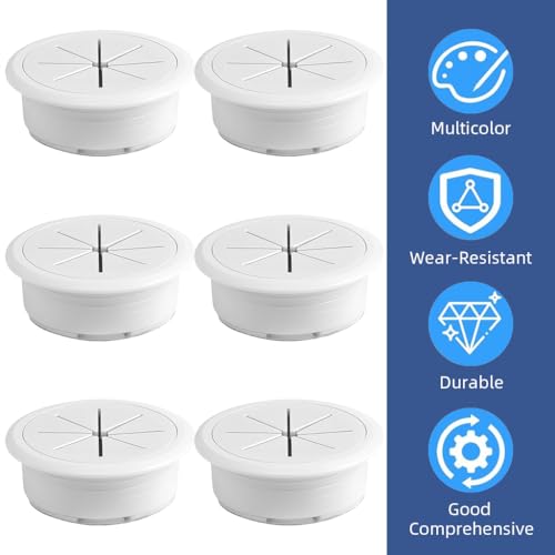 HASTHIP® 6 Pack 2 Inch White Desk Grommet, Round Cable Organizer for Office, Table Cord Hole Cover, Multi-Port Wire Management Solution for Power and Data Cables