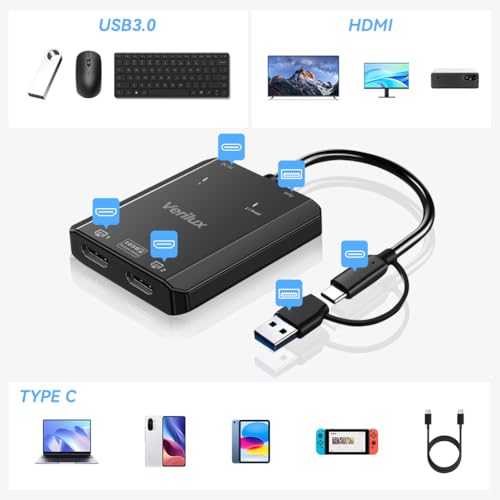 HASTHIP® HDMI Splitter 1 in 2 Out 1920x1080P 60Hz Dual HDMI Adapter,Type C to Converter,USB 3.0/USB C Powered Support Laptop Monitor Blu-Ray Player M1 M2 Switch Xbox PS4