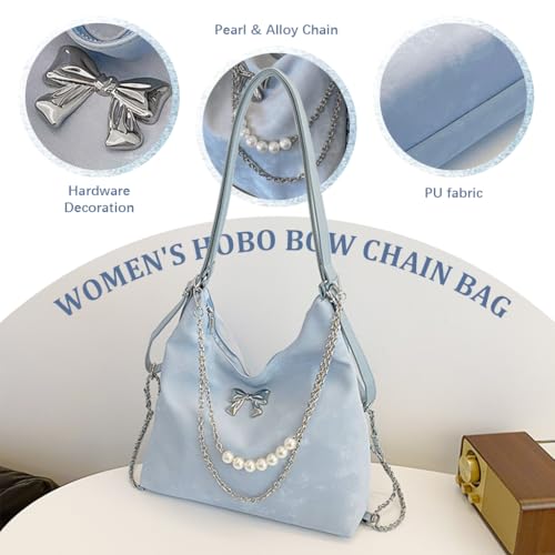 HASTHIP® Tote Bag for Women PU Hobo Bag Chic Bow Charm Chain Shoulder Bag Convertible Shoulder Bag Backpack Fashion Casual Hobo Bag, Blue