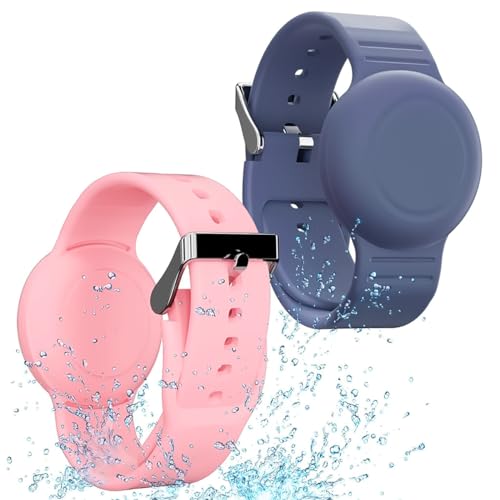 HASTHIP® OMELPIS 2 Pack Waterproof AirTag Wristband for Kids, Soft Silicone Adjustable GPS Tracker Bracelet with Hidden Protective Case, Lightweight Watch Band Compatible with Apple AirTag (Grey Blu
