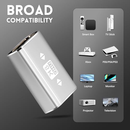 HASTHIP® HDMI Coupler Female to Female, 8K HDMI 2.1 Extension Adapter, Support 8K@60Hz, HDR, ARC, Compatible with HDTV, Roku TV, Monitor, Laptop, Projector, Display, Audio Video Connector