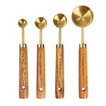 HASTHIP® Measuring Cups and Spoons with Wood Handle Set of 8, Stainless Steel, Golden Polished
