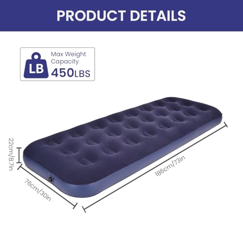 HASTHIP® Air Mattress for Camping, Iatable Sleeping Bed for Road Trip, Tent, Home, Double-Sided Flocked Waterproof PVC Portable Air Mattress, Packable Sleeping Pad, 73 x 30 x 8 in