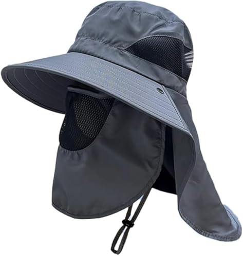 HASTHIP® Sun Hat Wide Brim Hat Hiking Hat UV-Protection Sun Hat with Neck Flap Removable Face Cover Outdoor Unisex Sun Hat with Chin Strap,