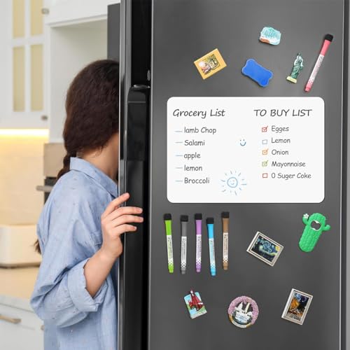 HASTHIP® 4 PCS Magnetic Whiteboard Sheets for Fridge 12x8 inch with 6 Dry Erase Markers & Eraser, Reusable Magnet Board for Refrigerator, Notes, Schedule & Kids Drawing