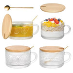 HASTHIP® 4Pcs Glass Coffee Mugs Gift Set with Wooden Lids & Spoons, 450ml Embossed Short Drinking Cups for Tea, Juice, Iced Coffee, Water, Home & Kitchen