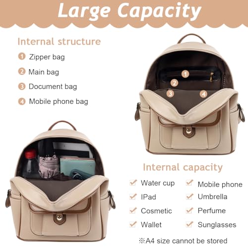 HASTHIP® Women Backpack, Fashion PU Leather Shoulder Bag, Travel Daypack with Handle, Contrast Color Zipper, Lightweight Casual School and Commuting Backpack for Women Girls