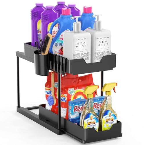HASTHIP® BrandName 2-Tier Standing Rack Countertop Organizer with Hanging Tableware Holder, Under Sink Utensil Storage Shelf, Spice Rack with Hooks for Kitchen