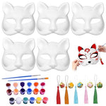 HASTHIP® 5pcs Cat Mask DIY Kit, Blank White Cat Face Masks for Kids Halloween, Graffiti Paintable Masquerade Costume Craft with Acrylic Paints, Brush Pens, Tassel & Sakura Bell Charms
