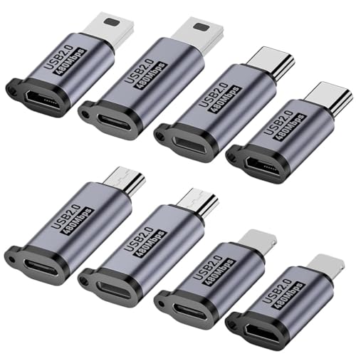 HASTHIP® 8Pcs USB OTG Adapter Kit,USB C/Lightning/Micro USB/Type C to A/Mini Converter,Multi OTG Extender Compatible with iPhone iPad MacBook Android Tablet Data Sync & Charging Set