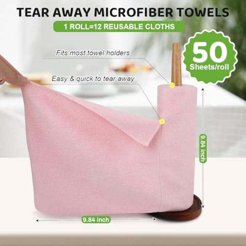HASTHIP® Microfiber Cleaning Cloth Roll Pre-Cut Tear Away Highly Absorbent Reusable Multipurpose Kitchen Cleaning Cloths & Wipes 100Pcs 25x25cm Pink for Dusting Spills Streak-Free Surfaces & Household Cleaning
