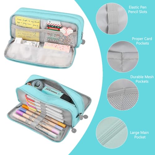 HASTHIP® Pencil Case Box for Boys Girls, Large Capacity 3 Compartment Pen & Pencil Pouch, Stationery Organizer Bag for Kids Teens Adults, Blue