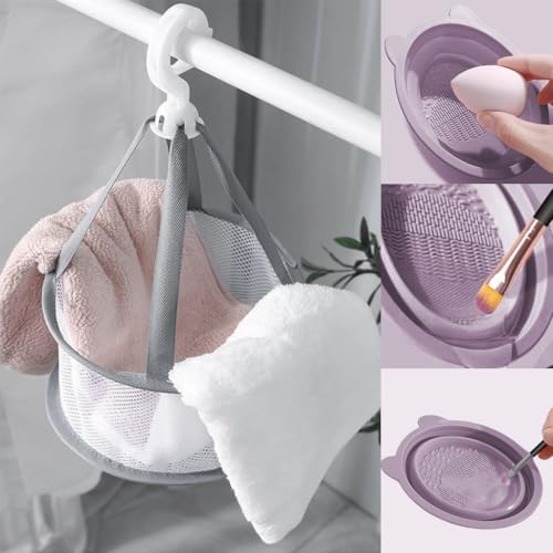 HASTHIP® YourBrand Makeup Brush Cleaner Mat & Foldable Silicone Cleaning Bowl, Hanging Drying Net for Brushes, Sponges & Cosmetic Tools, Portable Washing Scrubber, Travel Makeup Brush Cleaning Set