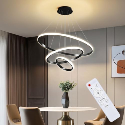 HASTHIP® LED Pendant Light, 3 Rings Ceiling Light, with Dimmable and Adjustable Color Chandelier Lamp, with Remote Ceiling Lights for Living Room for Dining Room Bedroom Hallway (Black)