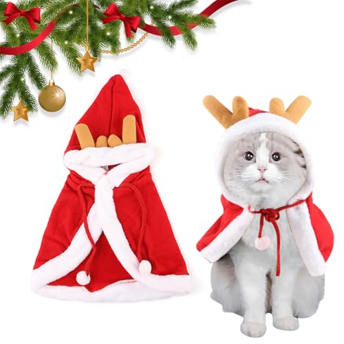 HASTHIP® Christmas Hat & Scarf, Chrismat Cat Clothes for Cat Warm Cloak, Dress Up Costume Chrismat Red Elk Cloak Adjustable Drawstring Hat for Photogaphy Prop Christmas Party - Neck 46CM