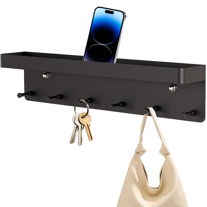 HASTHIP Wall Hook Rack for Entry and Kitchen with 6 Hooks and 9.65×2.28×1.7 in Shelf | Matt Black Stainless Steel