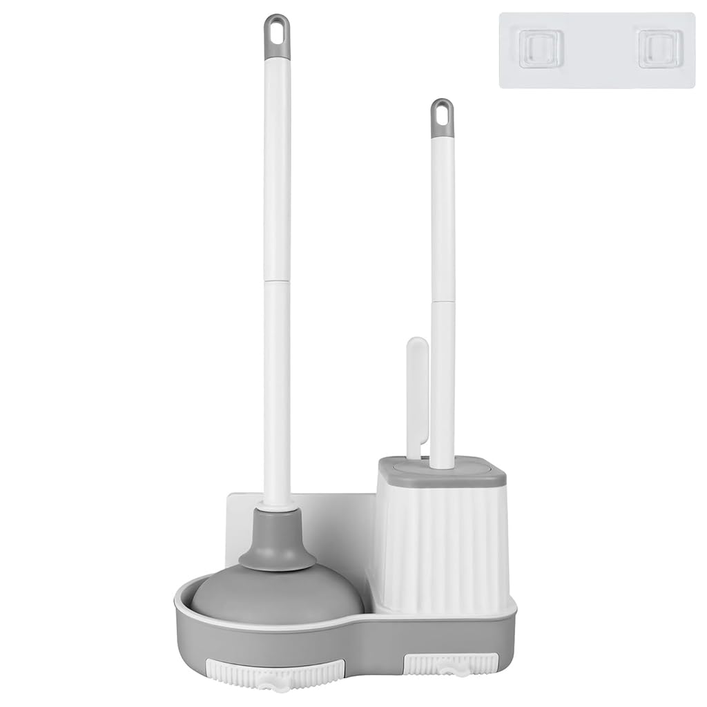 HASTHIP Toilet Brush Kit for Bathroom Cleaning with 3 Piece Set and 360° Deep Scrub | Plunger and Storage Rack