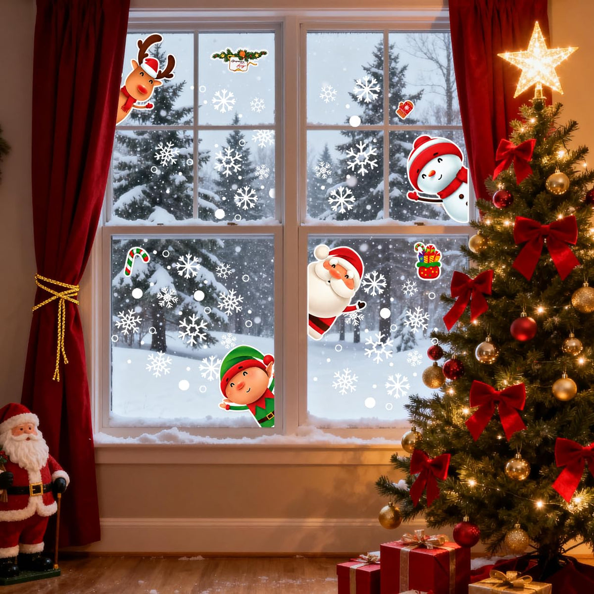 HASTHIP Christmas Window Clings, 4 Sheets with 46 Double-Sided Festive Decals for Smooth Glass
