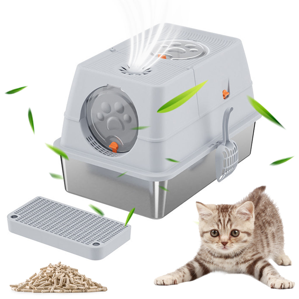HASTHIP® Stainless Steel Cat Litter Box with Lid, XL Large Enclosed Metal Litter Box with Removable Lid &Scoop, Odor Free
