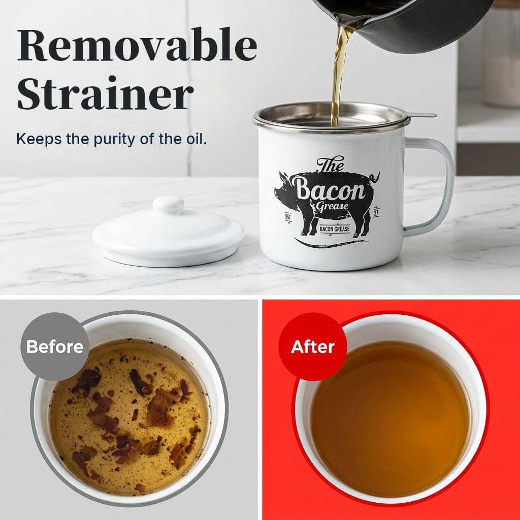 HASTHIP Grease Container with Strainer Enamel for Kitchens Use
