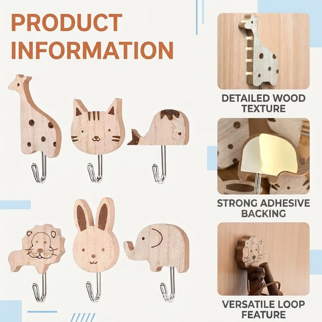 HASTHIP Set of 6 Cartoon Animal Wood Wall Hooks with Self-Adhesive No-Drill Installation