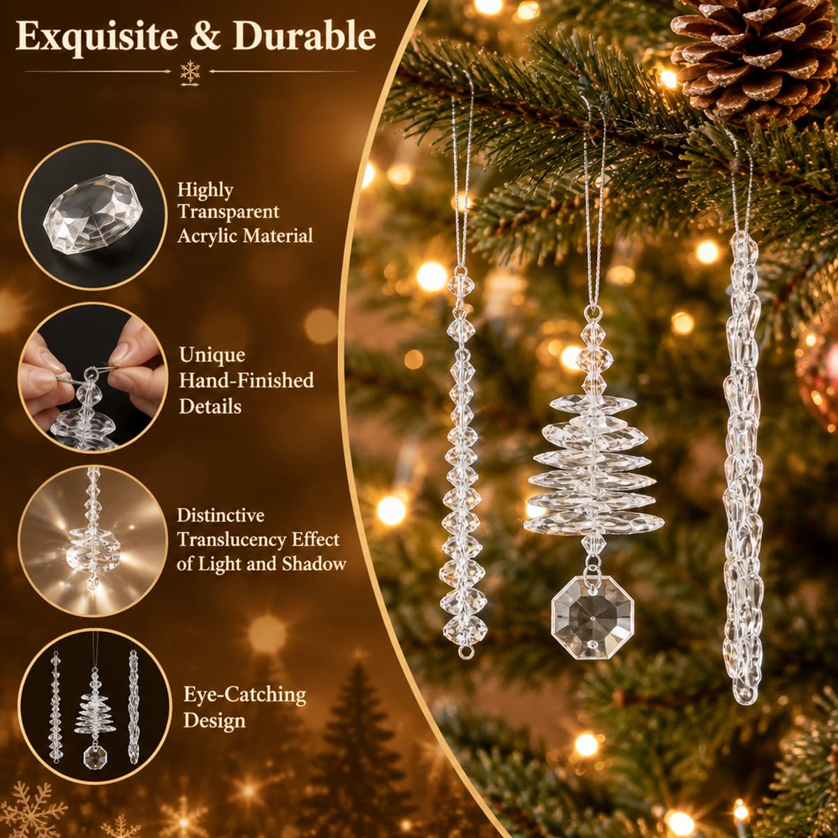 HASTHIP 24-Piece Acrylic Icicle Christmas Tree Ornaments with Three Winter Styles and Lanyards