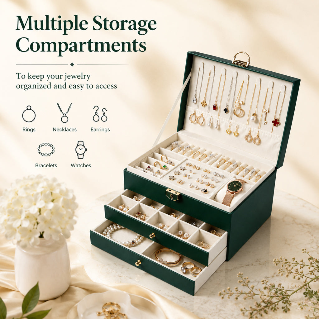 HASTHIP Three-Layer Jewelry Organizer with Multiple Compartments in Durable Synthetic Leather