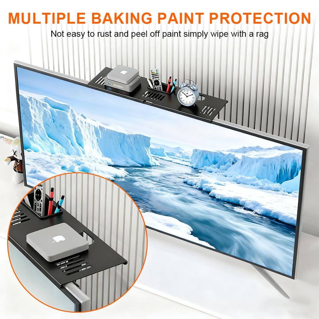 HASTHIP Adjustable Steel TV Top Shelf with Storage Box and No-Drill Mounting, Black Finish
