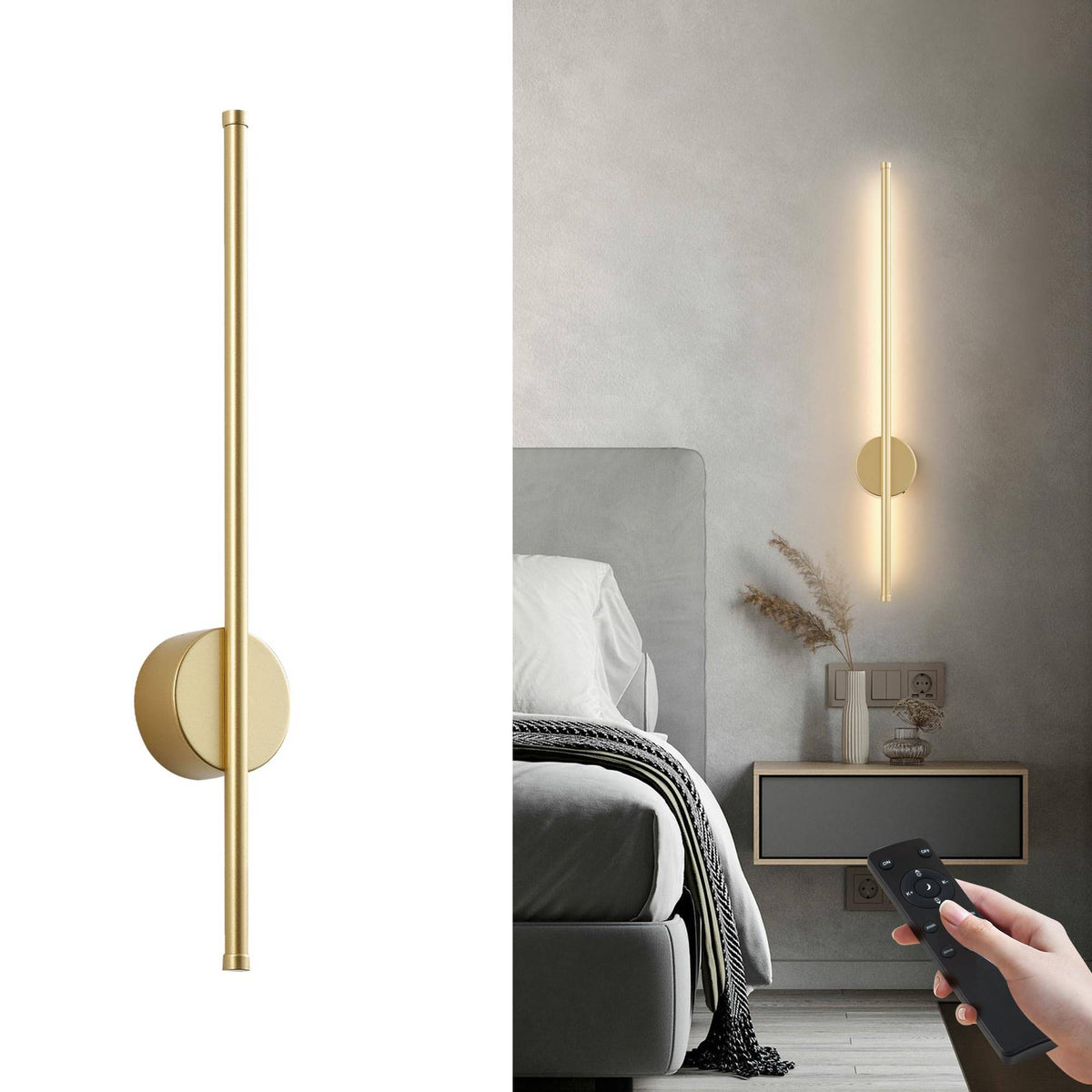 HASTHIP® Modern Wireless Wall Sconces with Rechargeable Battery, Dimmable LED Light with Remote Control, 3 Color Temperatures, 350° Rotation, 6000mAh Long Battery Life, Gold 23.6in for