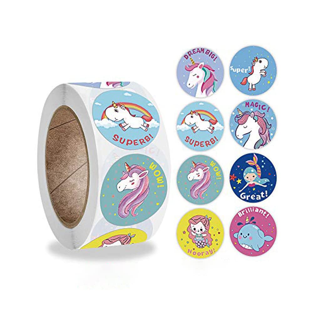 HASTHIP Unicorn Stickers, 500 Round Self-Adhesive Labels in 8 Patterns, 2.5 cm Roll