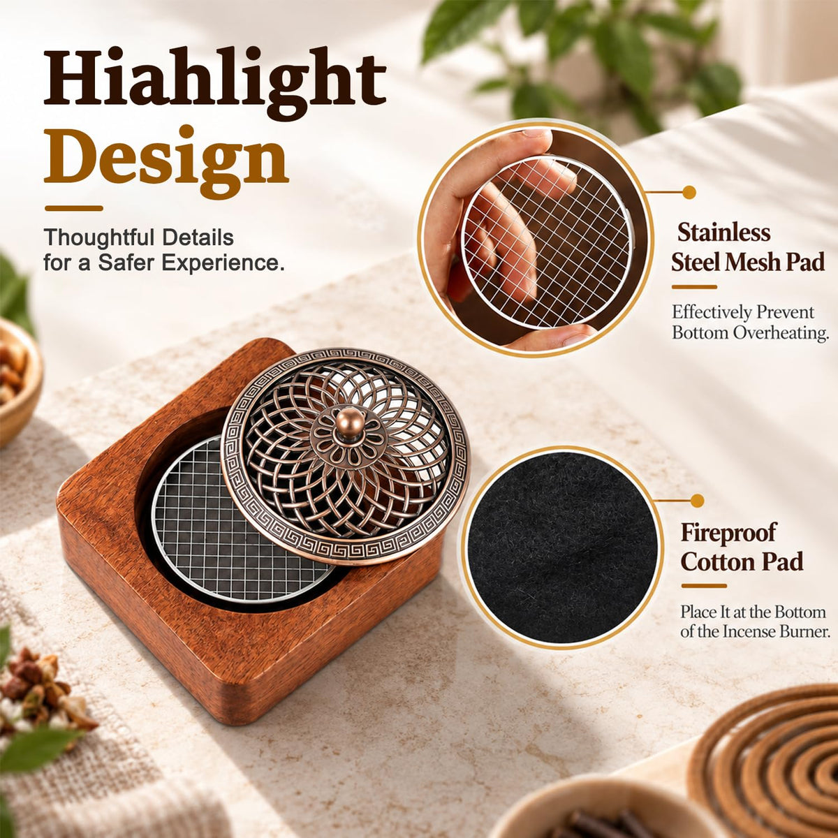 HASTHIP Walnut Wood Incense Burner for Sticks, Coils and Cones with Removable Ash-Collecting Base