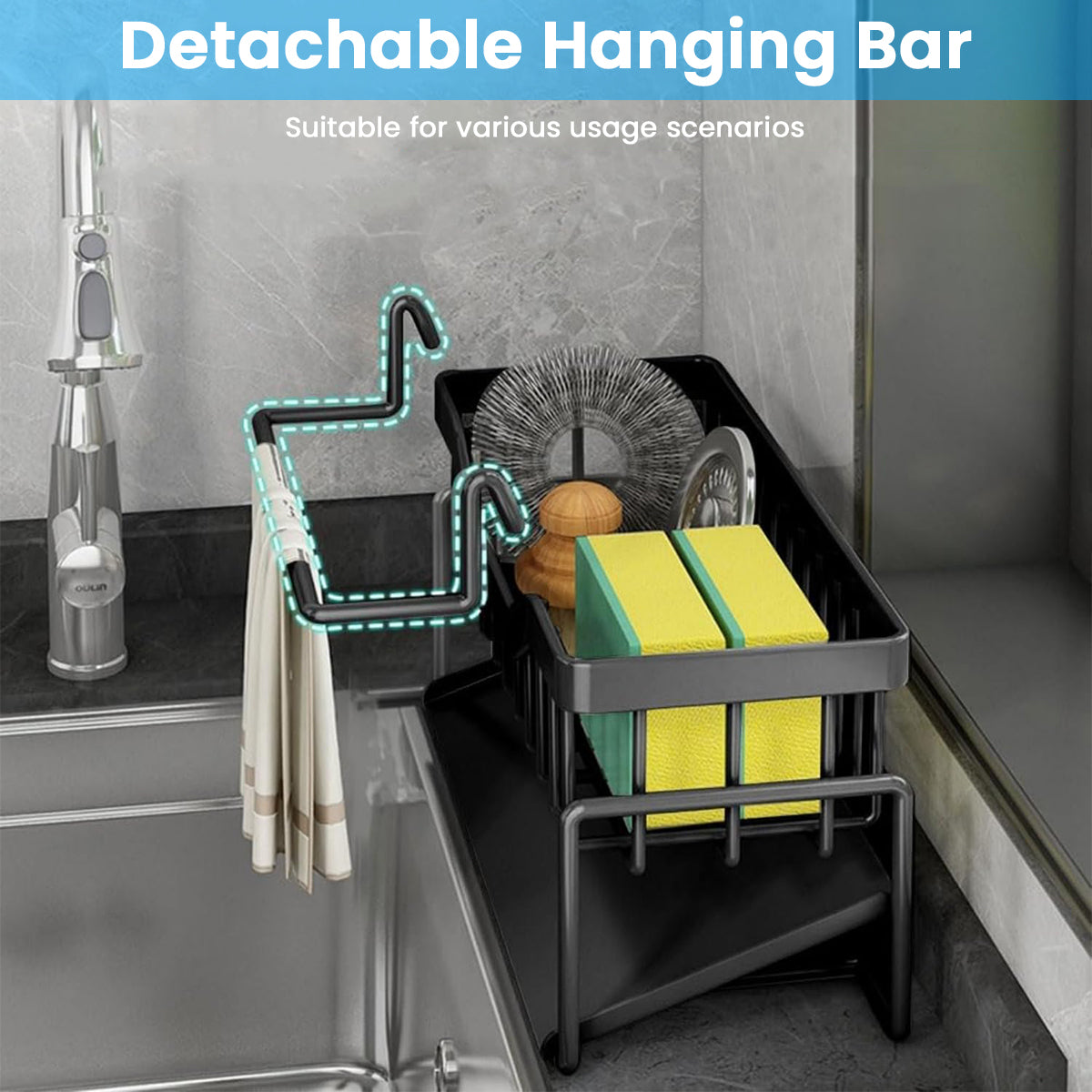 HASTHIP® Sponge Holder for Kitchen Sink, Stainless Steel Sink Caddy with Self Drain Tray, Rustproof Kitchen Sink Organizer Brush Caddy Sponge Rack for Kitchen Accessories, 23x10x12cm