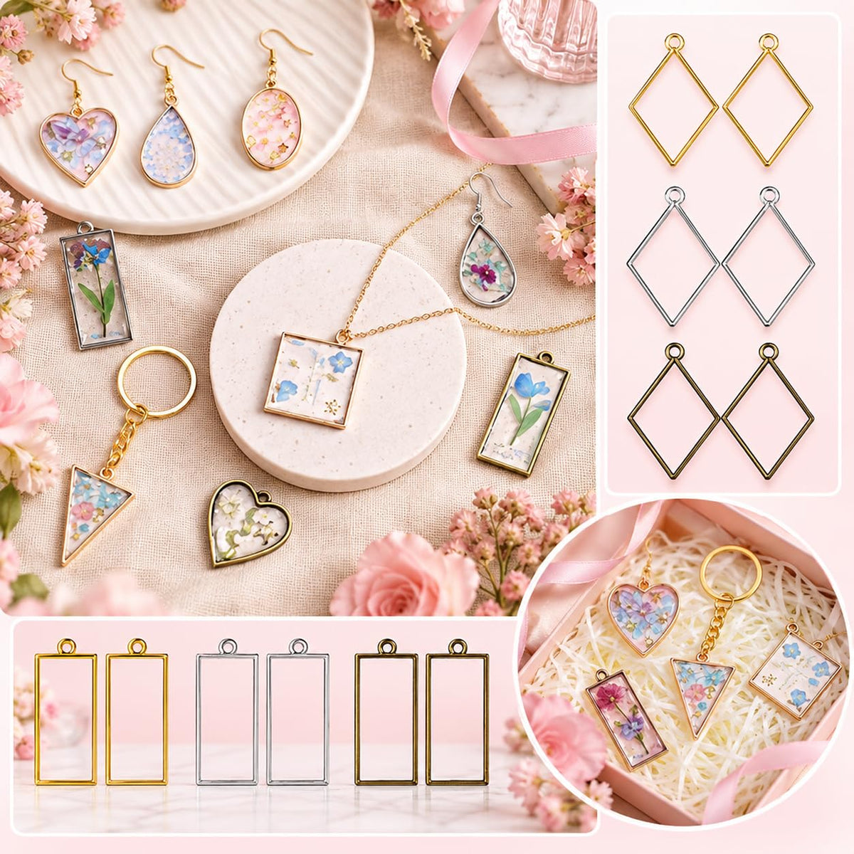 HASTHIP 180-Piece Open Bezel Resin Jewelry Kit with 10 Shapes, 3 Finishes and Earring Hooks