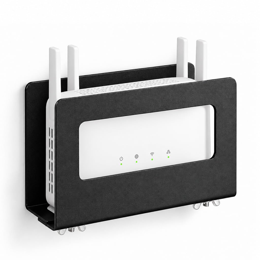 HASTHIP Adhesive Router Wall Shelf in Black Steel with Ventilation and Drill-Free Space-Saving Design