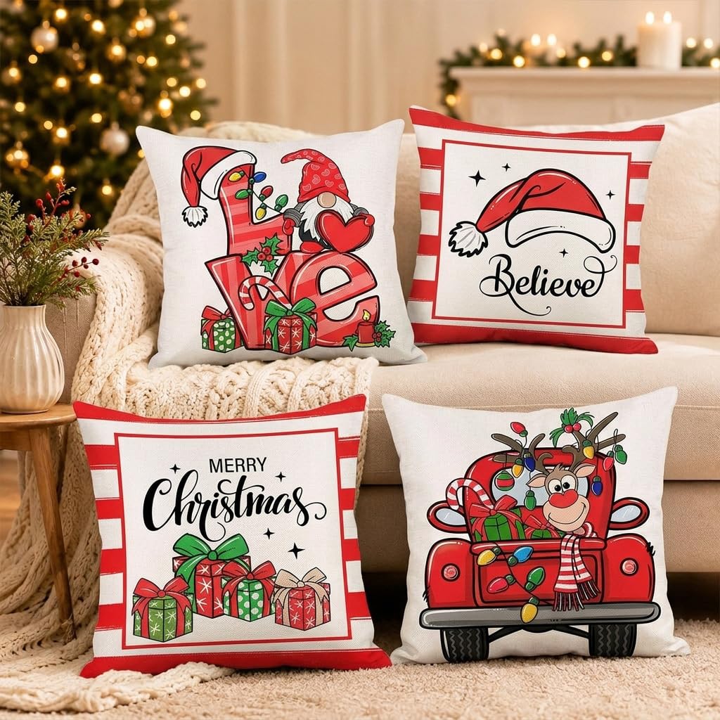 HASTHIP Set of 4 Christmas Cushion Covers, 18 x 18 Pulgadas, with Reindeer, Santa and Snowman Prints