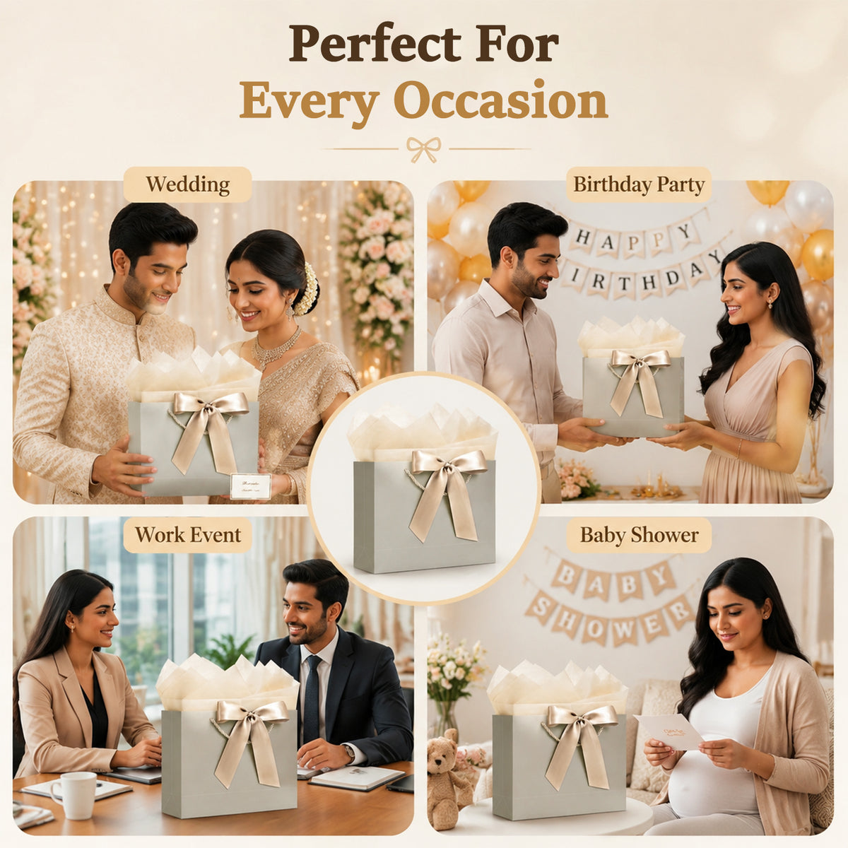 HASTHIP 2 Pack Medium Gift Bags with Tissue Paper, Ribbons and Greeting Cards for Celebrations