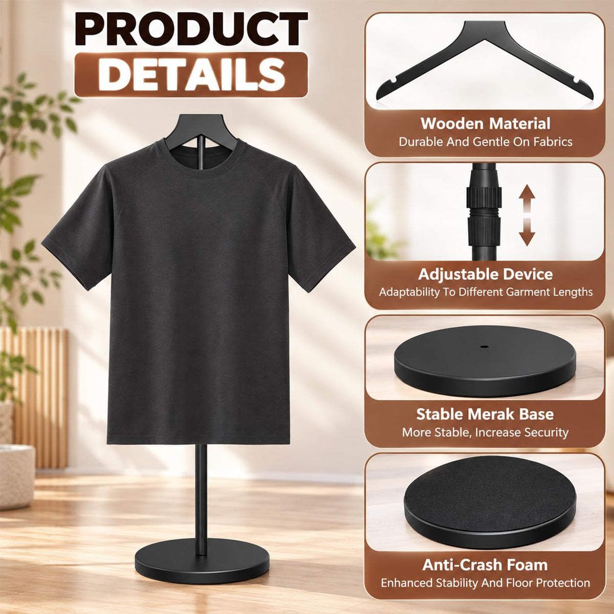 HASTHIP Adjustable Shirt Display Stand with Solid Wood Hanger and Weighted Round Metal Base